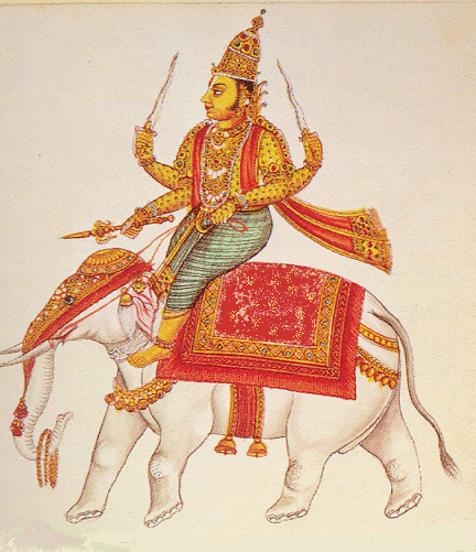 Indra rides an Elephant.